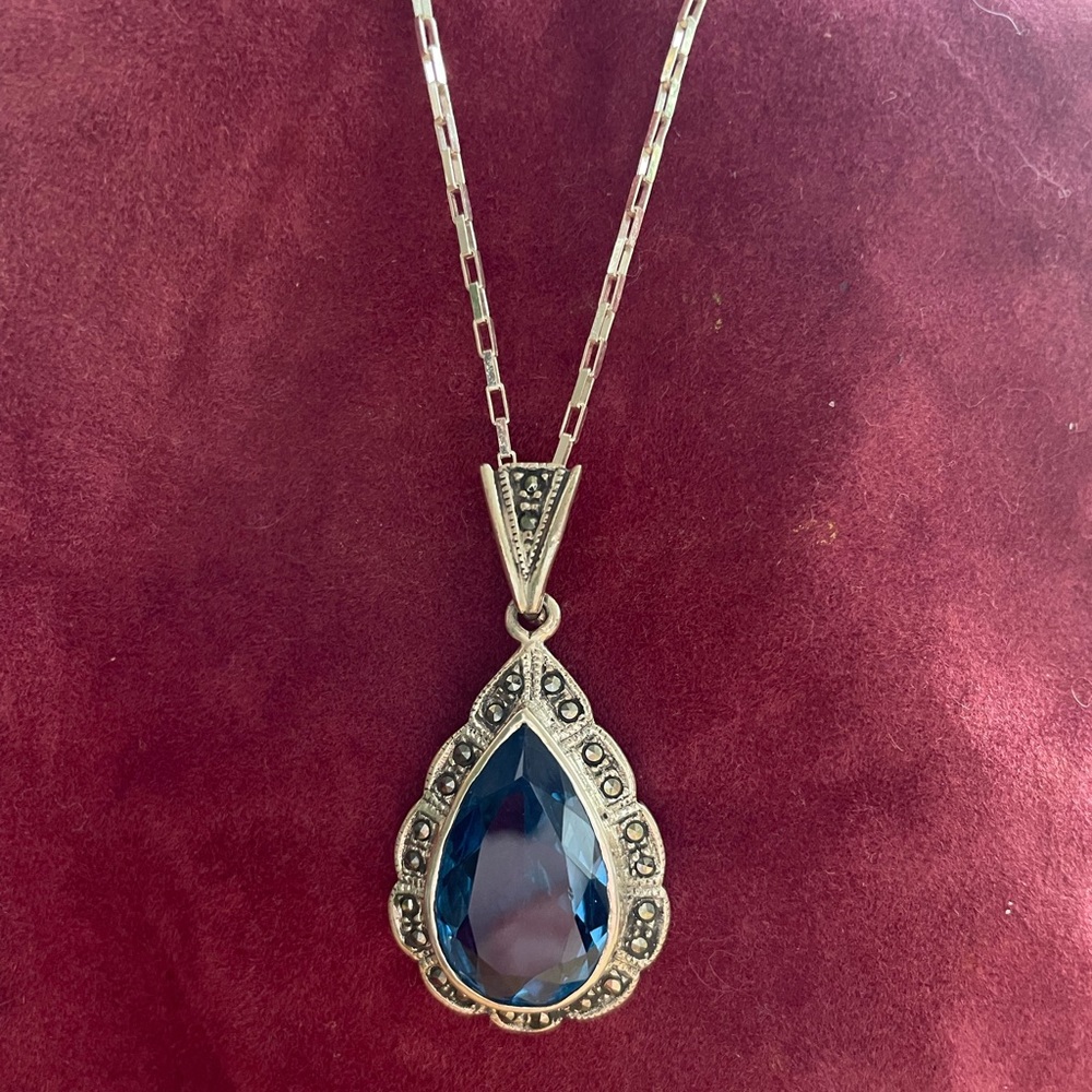 Blue Topaz and marcasite pendant necklace